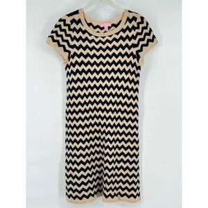 Lilly Pulitzer Santana Dazzle Gold Blue Chevron Merino Wool Dress Size Large EUC